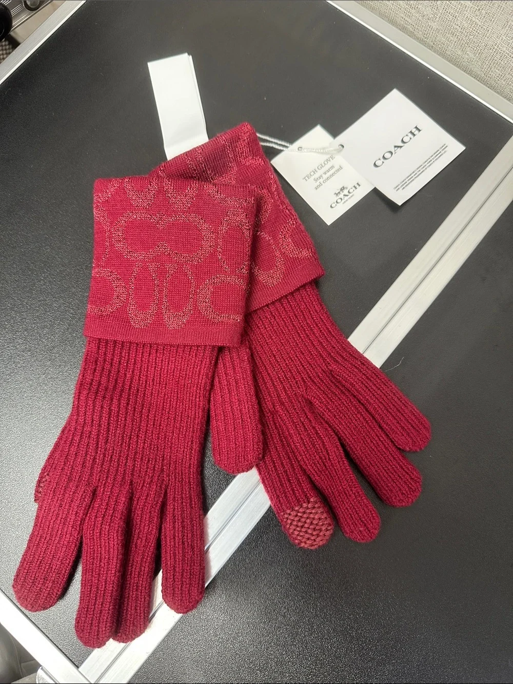 Coach Women's Burgundy Knit Signature Cuff Gloves